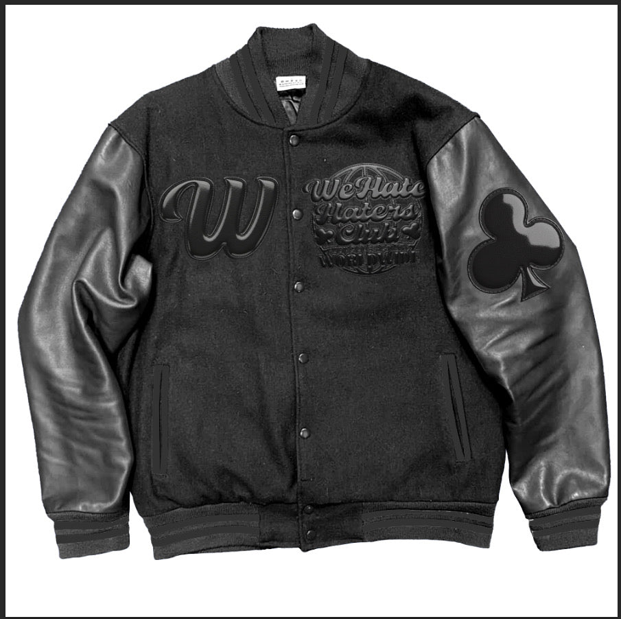 ##We Hate Hate Haters Club Triple Black Letterman Real Leather Jacket PRESALE