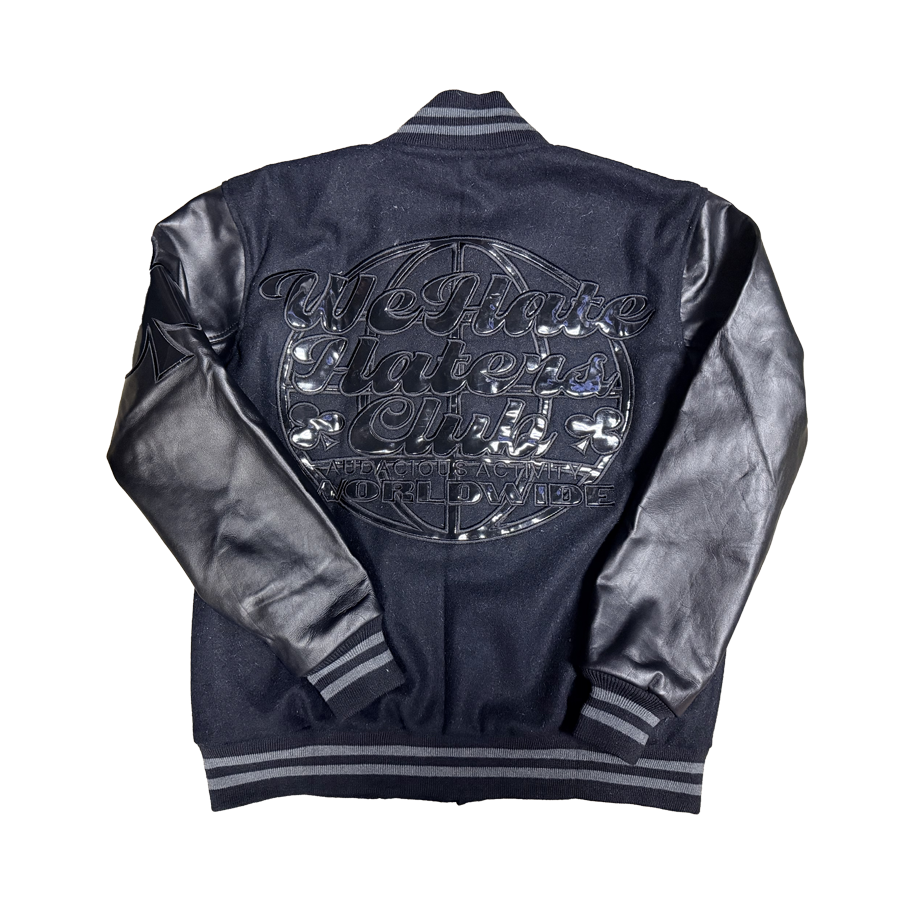 ##We Hate Hate Haters Club Triple Black Letterman Real Leather Jacket