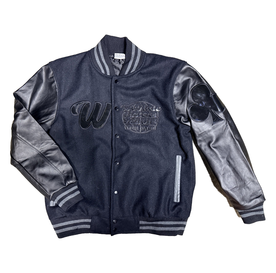 ##We Hate Hate Haters Club Triple Black Letterman Real Leather Jacket