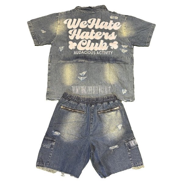 ##We Hate Haters Club (Washed Blue Denim) Utility Shortset
