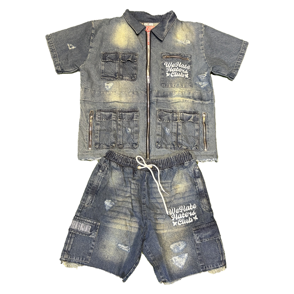 ##We Hate Haters Club (Washed Blue Denim) Utility Shortset