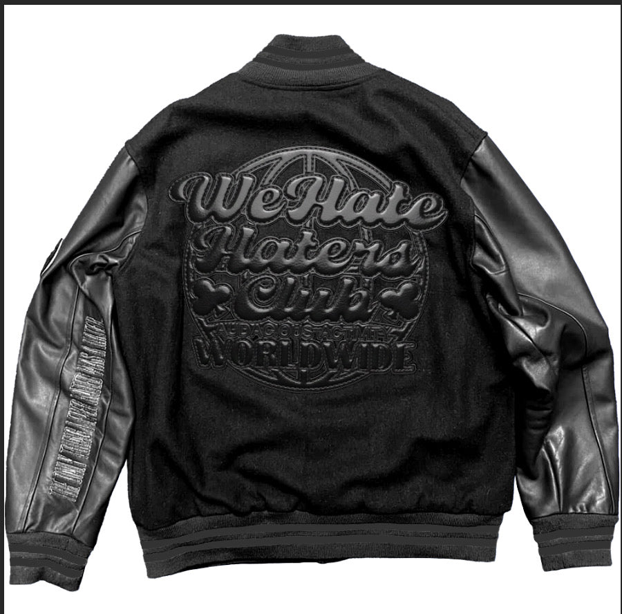 ##We Hate Hate Haters Club Triple Black Letterman Real Leather Jacket PRESALE
