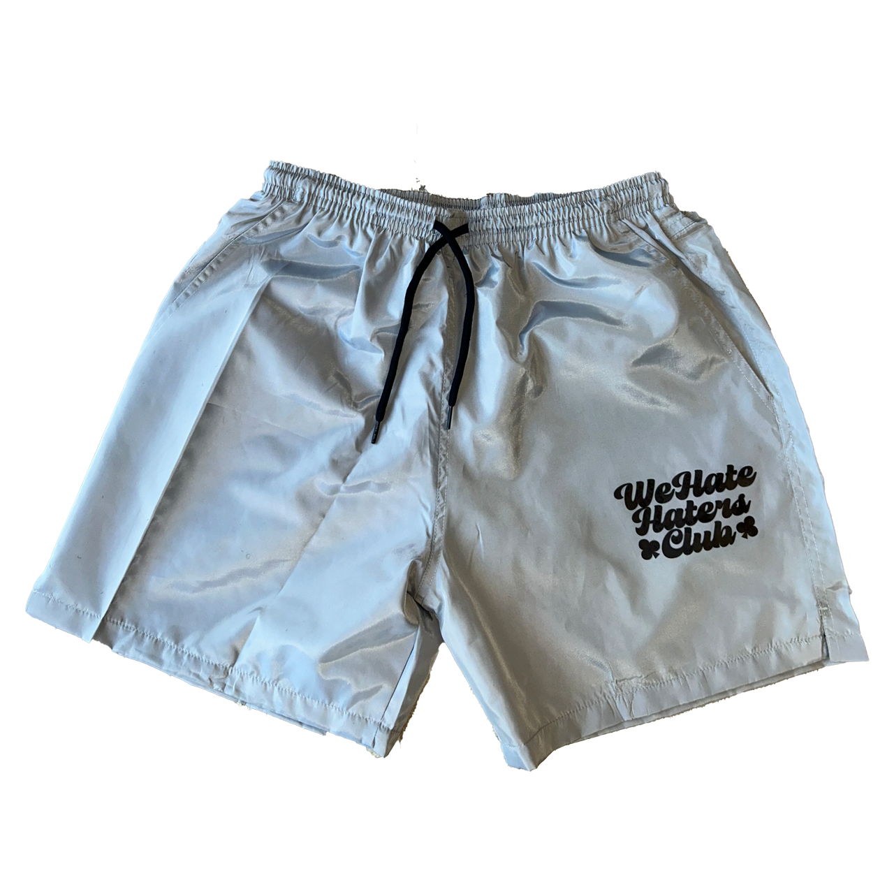 We Hate Haters Club (Black and Platinum Grey) Standard Length Windbreaker Shorts