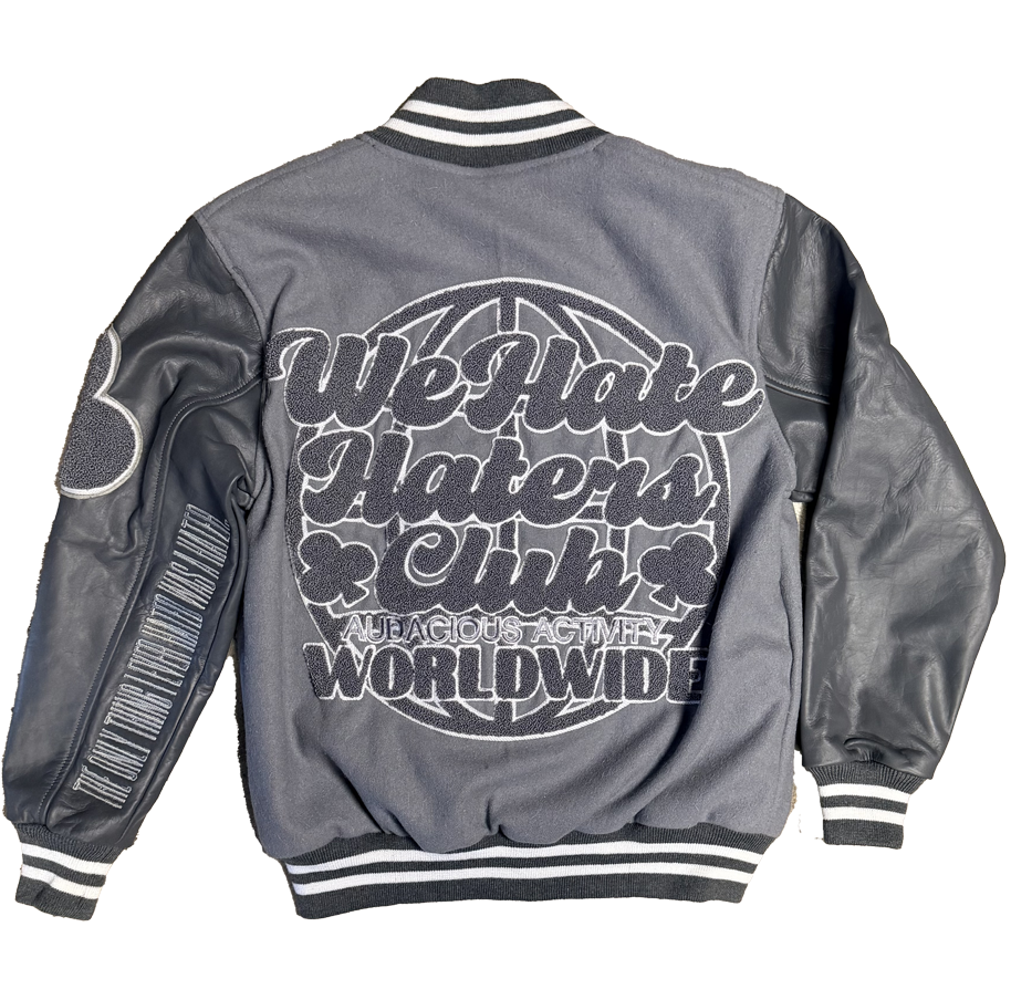 ##We Hate Hate Haters Club Wolf Grey Letterman Real Leather Jacket